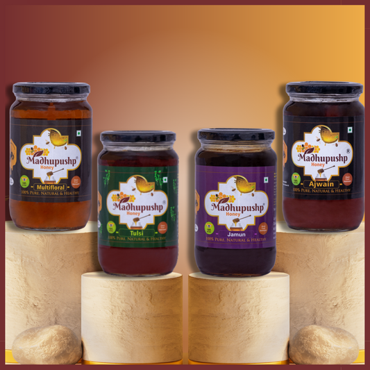 Sweet Combo of Multifloral Honey, Tulsi Honey, Jamun Honey, Ajwain Honey