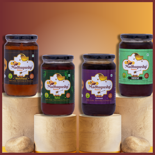 Sweet Combo of Multifloral Honey, Tulsi Honey, Jamun Honey, Neem Honey.