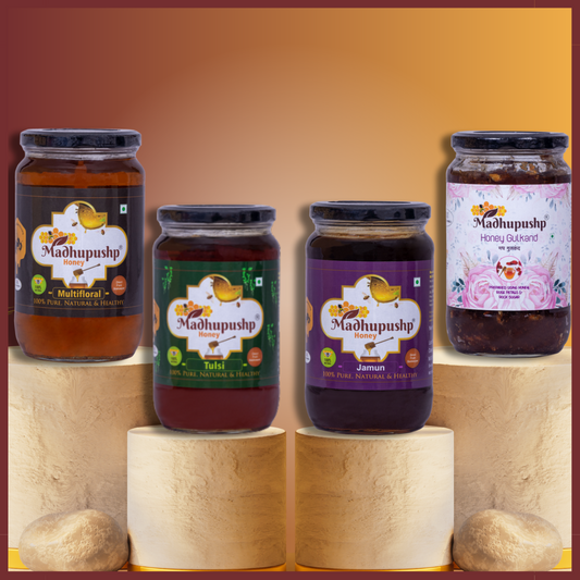 Sweet Combo of Multifloral Honey, Tulsi Honey, Jamun Honey, Honey Gulkand
