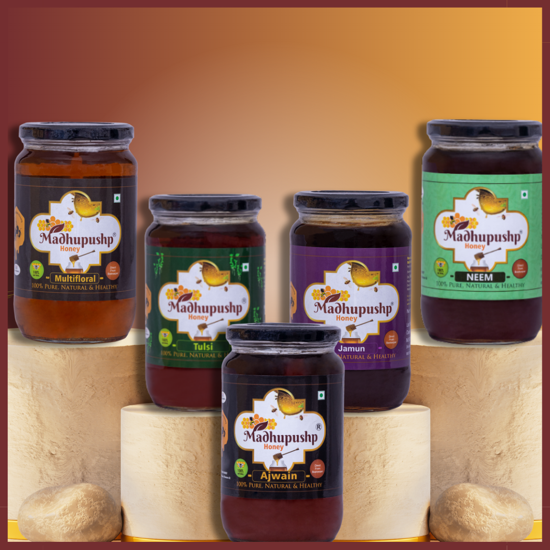 Sweet Trial Pack Combo of Multifloral Honey, Tulsi Honey, Jamun Honey, Neem Honey, Ajwain Honey (50 gms each)